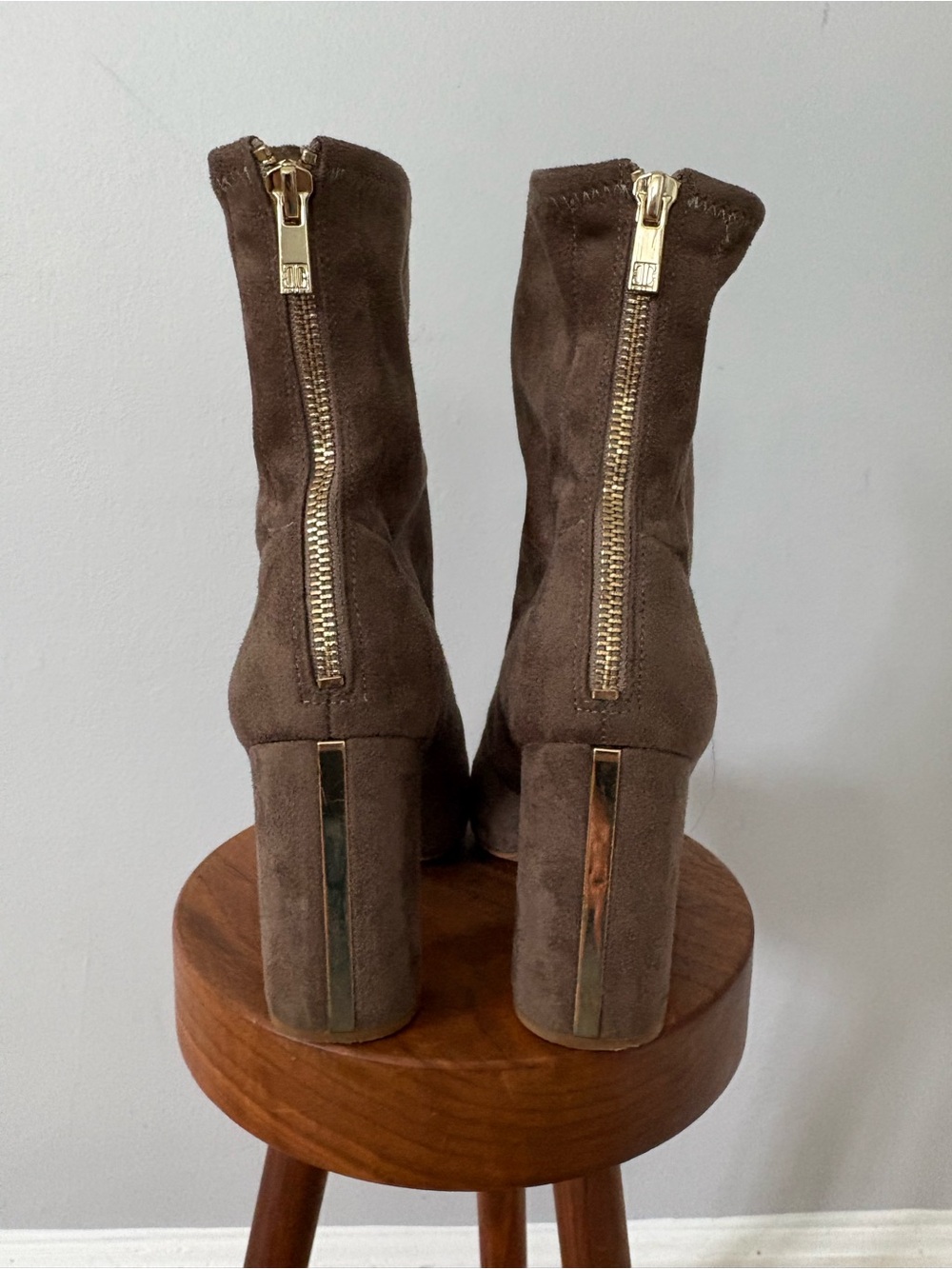 Ivanka Trump Brown Suede Block Heel Ankle Boots with Gold Zipper Detail